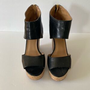 Super cute black and cork open toed wedges